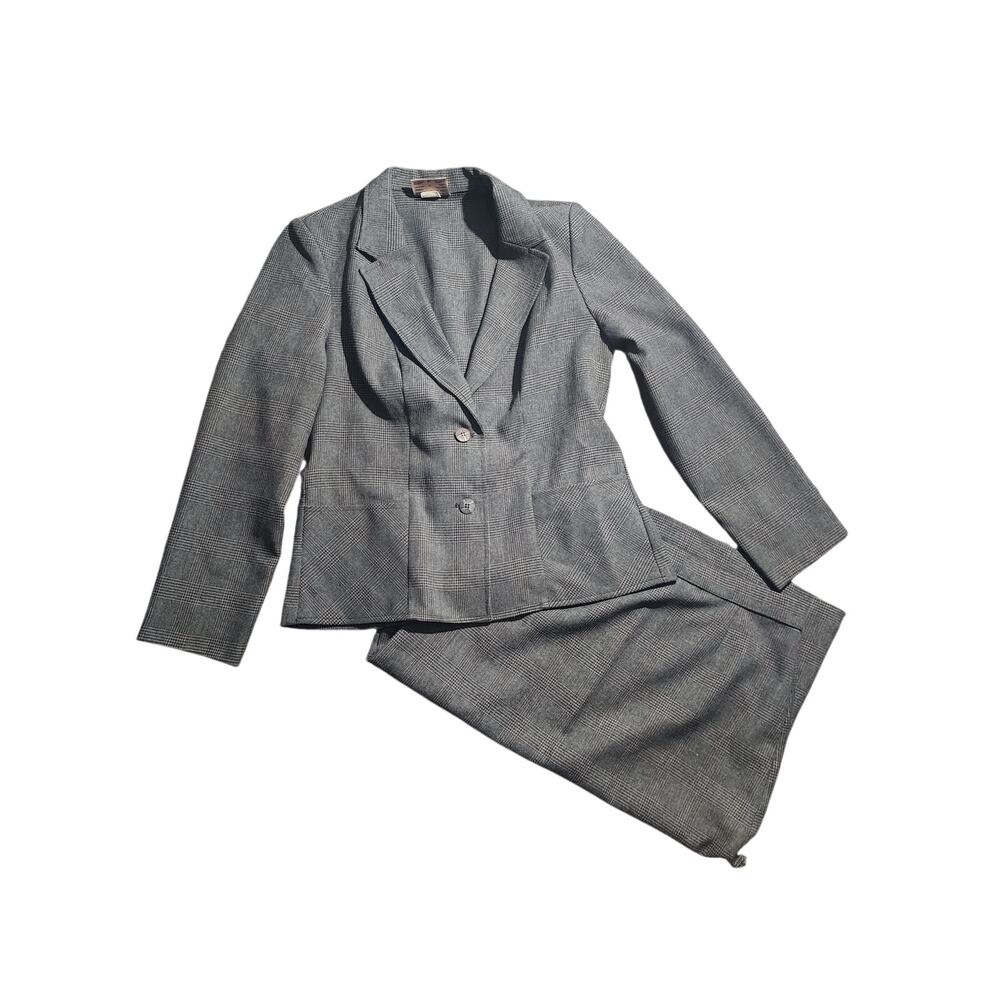 Vintage Tan Jay Black Red Gray 2 pc Blazer Skirt Set Size 12